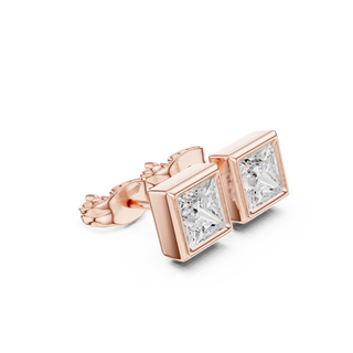 Pair Shot: Princess Diamond Earrings with Bezel Setting in 14k Rose Gold - Lab Grown - Driona Jewels