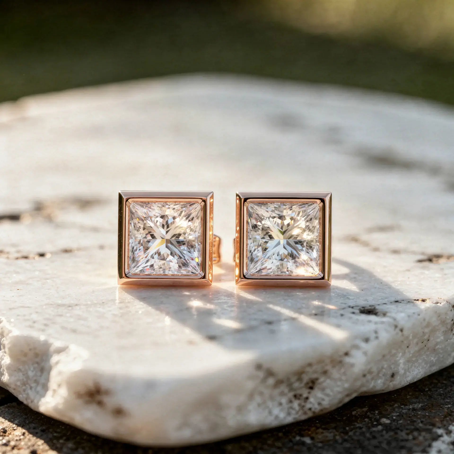 Pair Shot: Princess Diamond Earrings with Bezel Setting in 14k Rose Gold - Lab Grown - Driona Jewels