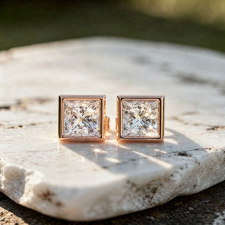 Pair Shot: Princess Diamond Earrings with Bezel Setting in 14k Rose Gold - Lab Grown - Driona Jewels