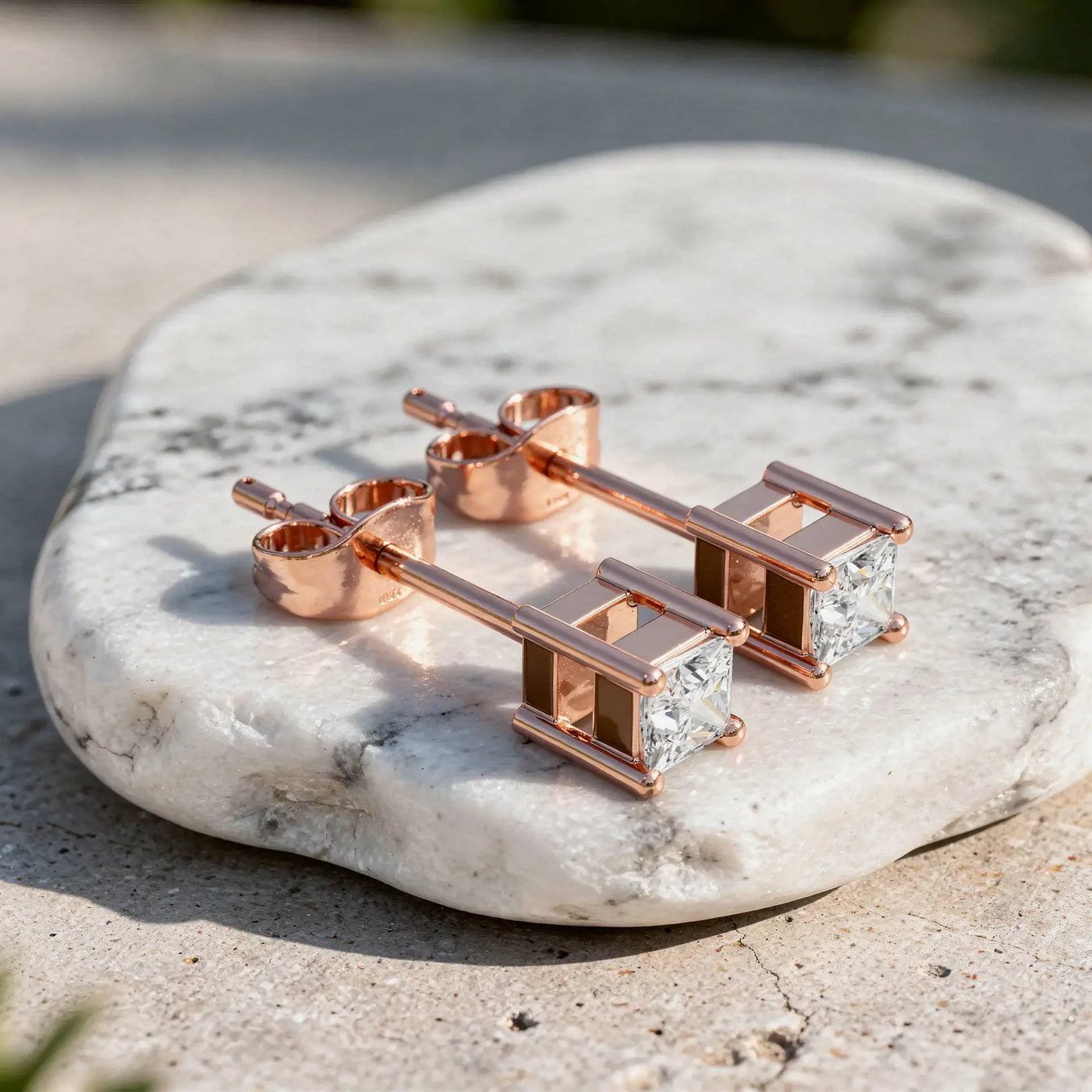 Pair Shot: Princess Diamond Studs with Bezel Setting in 14k Rose Gold - Lab Grown - Driona Jewels