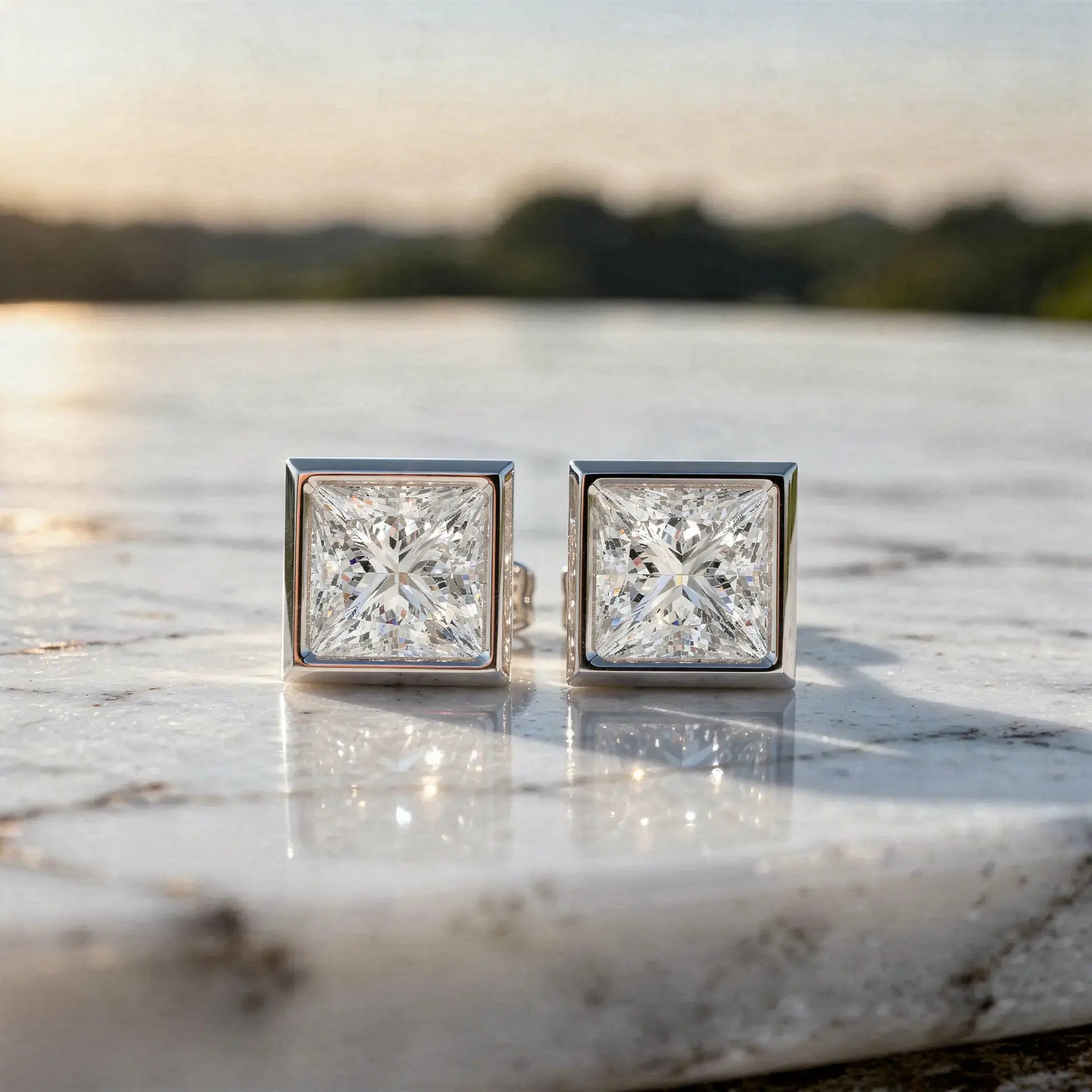 Pair-shot: Princess Diamond Earrings with Bezel Setting in 14k White Gold - Lab Grown - Driona Jewels