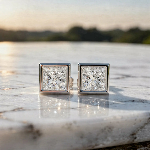 Pair-shot: Princess Diamond Earrings with Bezel Setting in 14k White Gold - Lab Grown - Driona Jewels