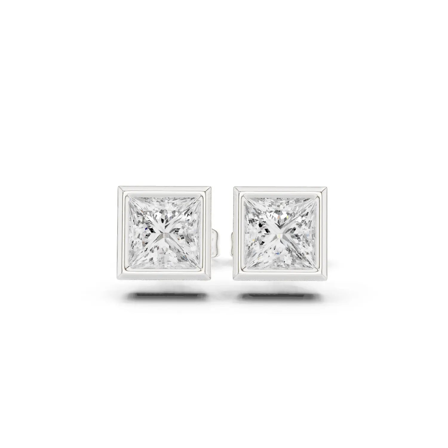 Pair Shot: Princess Diamond Studs with Bezel Setting in 14k White Gold - Lab Grown - Driona Jewels