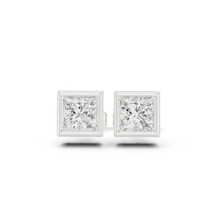 Pair Shot: Princess Diamond Studs with Bezel Setting in 14k White Gold - Lab Grown - Driona Jewels