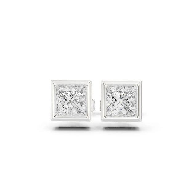 Pair Shot: Princess Diamond Studs with Bezel Setting in 14k White Gold - Lab Grown - Driona Jewels