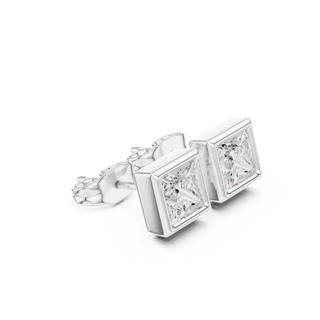 Pair Shot: Princess Diamond Earrings with Bezel Setting in 14k White Gold - Lab Grown - Driona Jewels