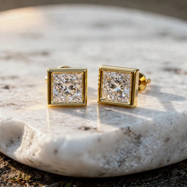Pair-Shot: Princess Diamond Earrings with Bezel Setting in 14k Yellow Gold - Lab Grown - Driona Jewels