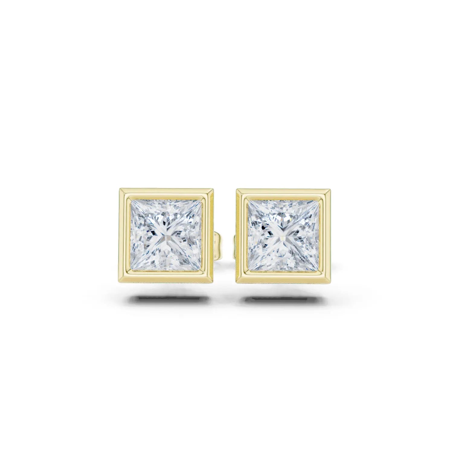 Pair Shot: Princess Diamond Studs with Bezel Setting in 14k Yellow Gold - Lab Grown - Driona Jewels