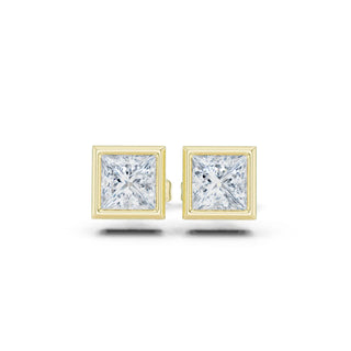 Pair Shot: Princess Diamond Studs with Bezel Setting in 14k Yellow Gold - Lab Grown - Driona Jewels