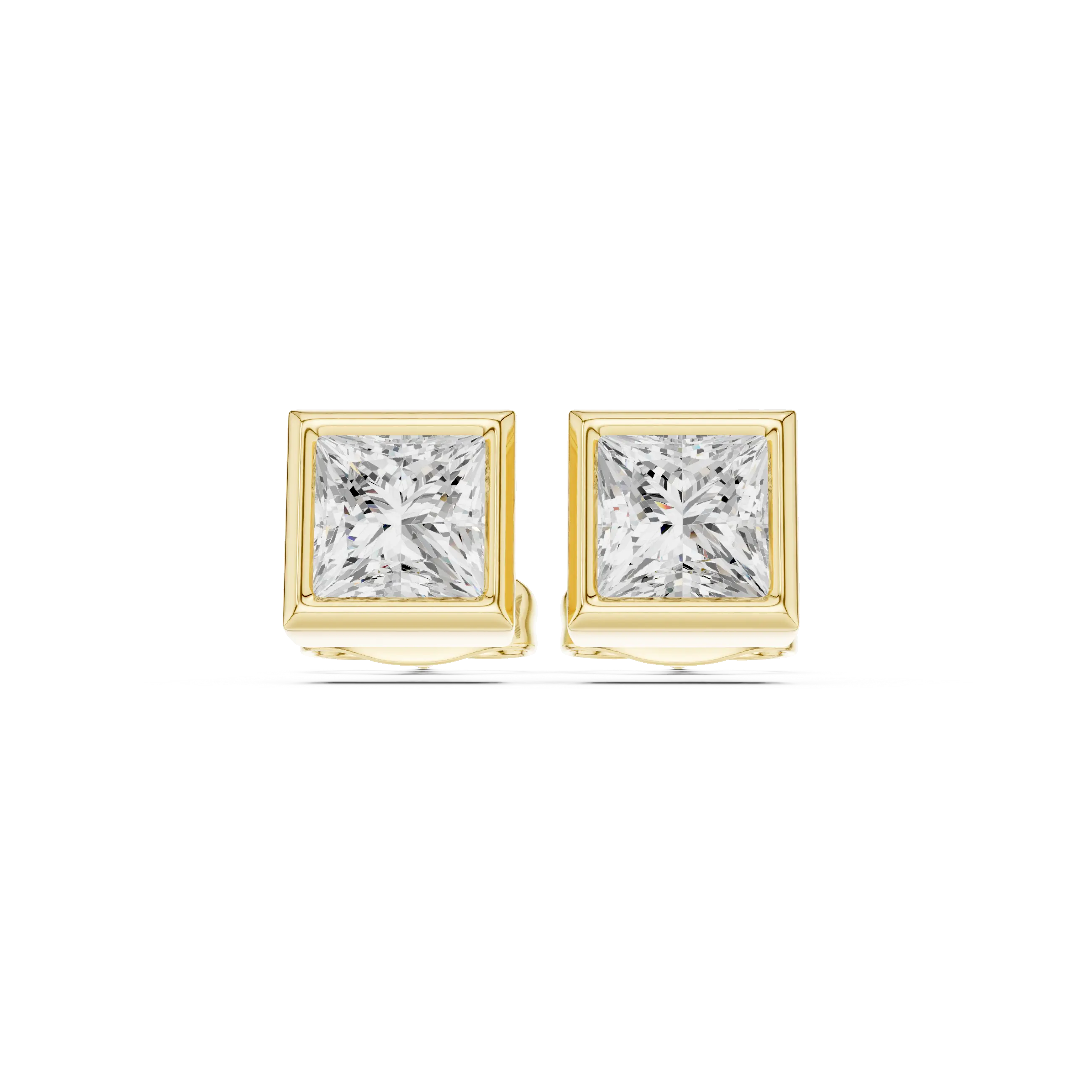 Pair-Shot: Princess Diamond Earrings with Bezel Setting in 14k Yellow Gold - Lab Grown - Driona Jewels
