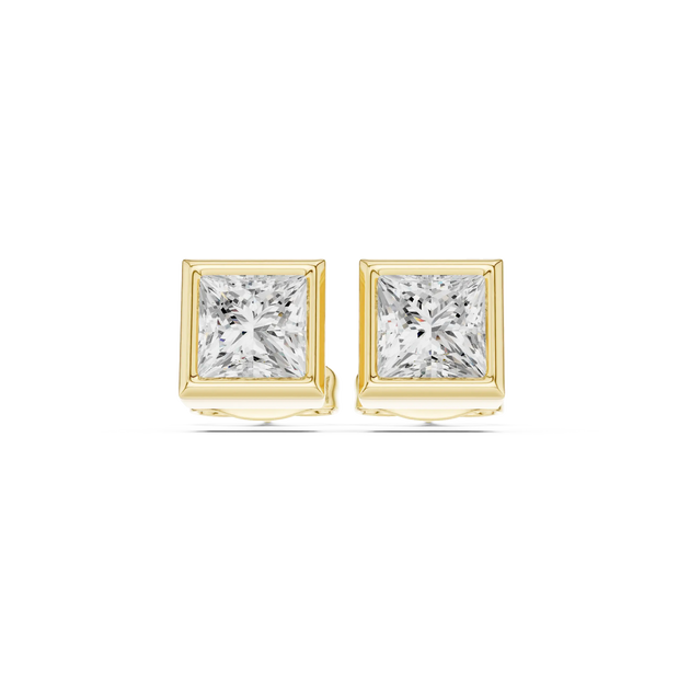 Pair-Shot: Princess Diamond Earrings with Bezel Setting in 14k Yellow Gold - Lab Grown - Driona Jewels