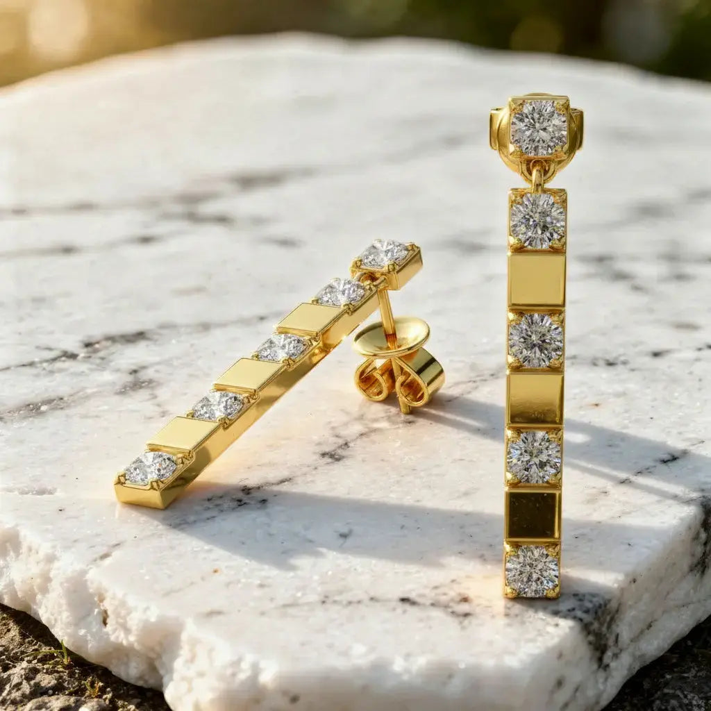Side-Profile: Princess Diamond Earrings with Channel Setting in 14k Yellow Gold - Lab Grown - Driona Jewels