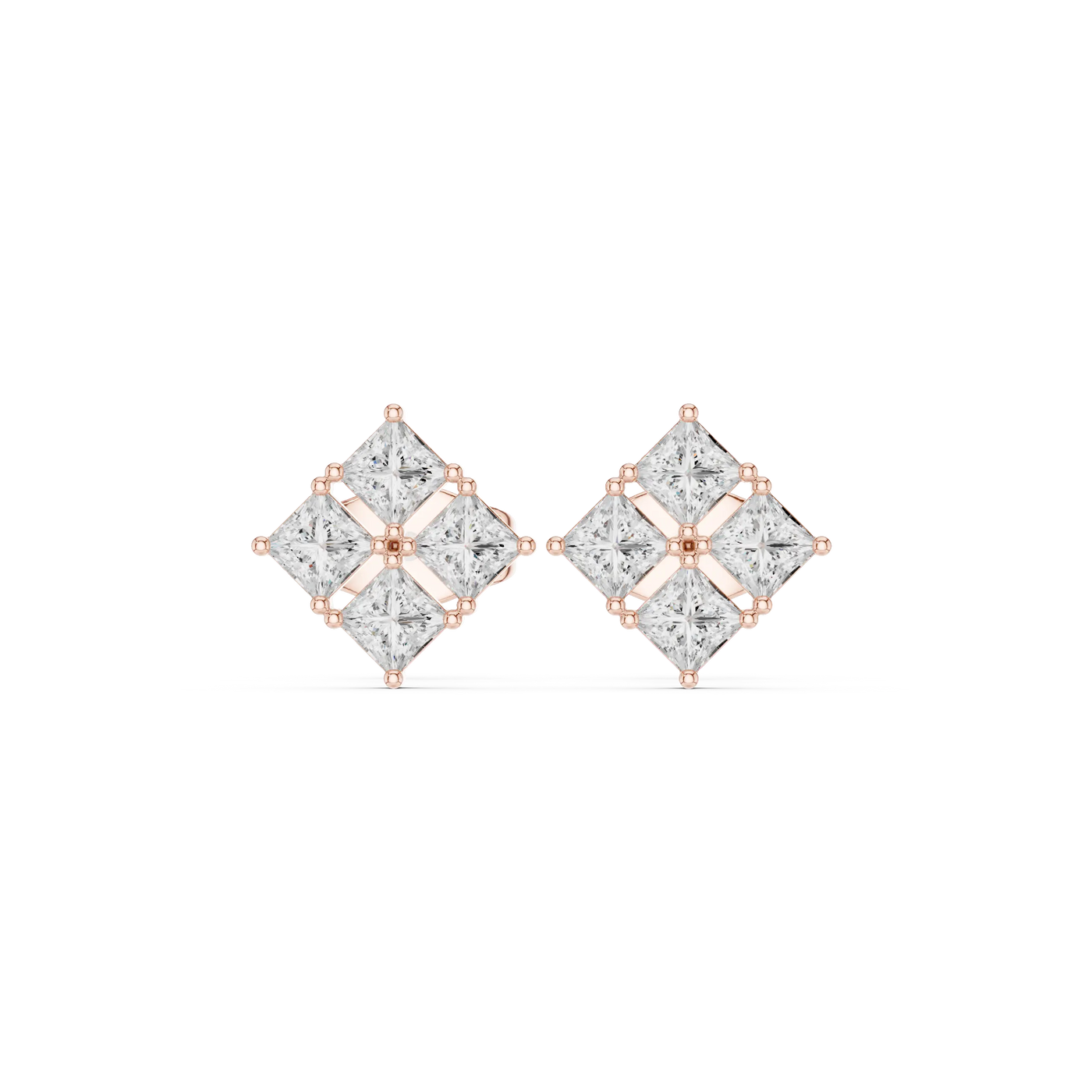 Pair Shot: Princess Diamond Earrings with Cluster Setting in 14k Rose Gold - Lab Grown - Driona Jewels