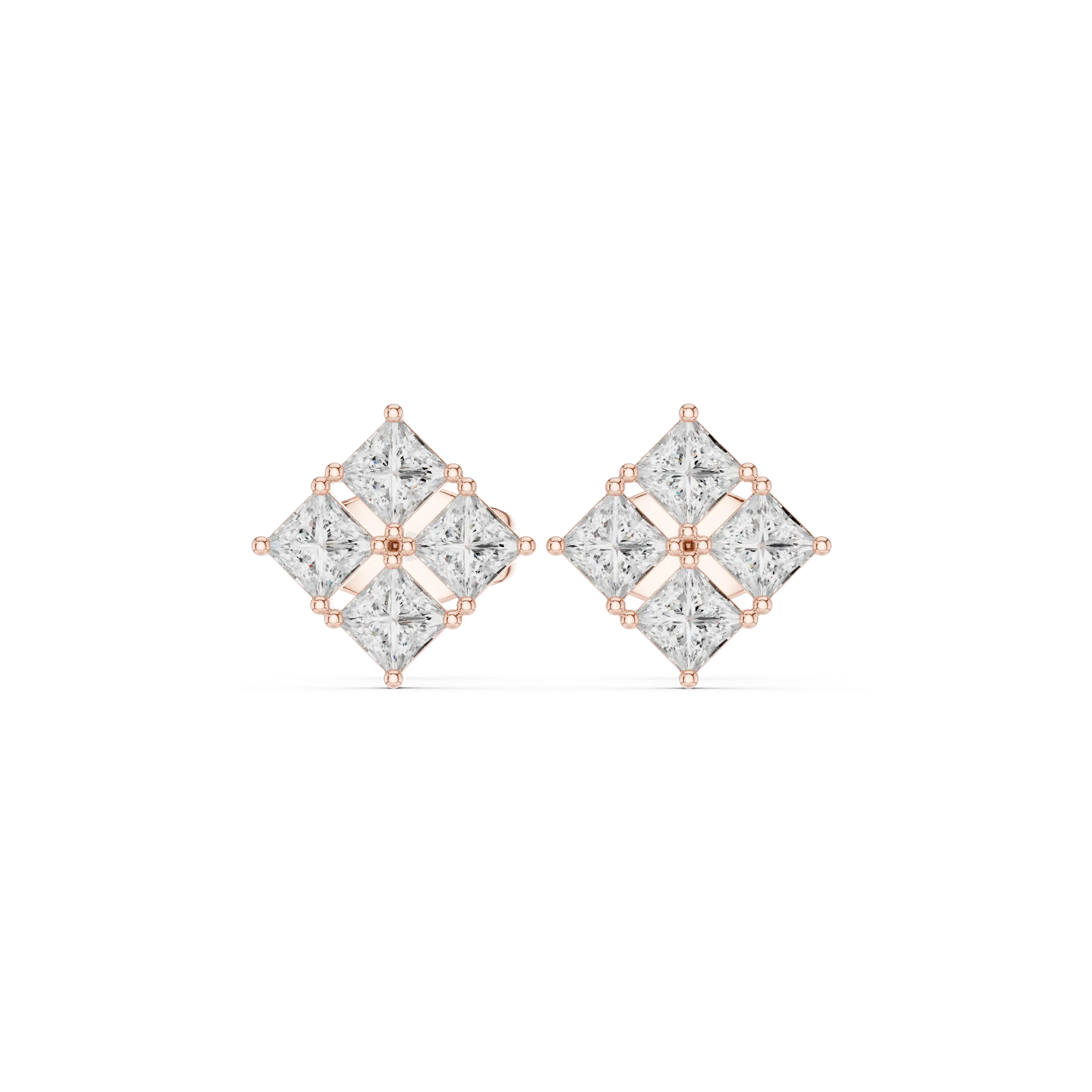 Pair Shot: Princess Diamond Earrings with Cluster Setting in 14k Rose Gold - Lab Grown - Driona Jewels