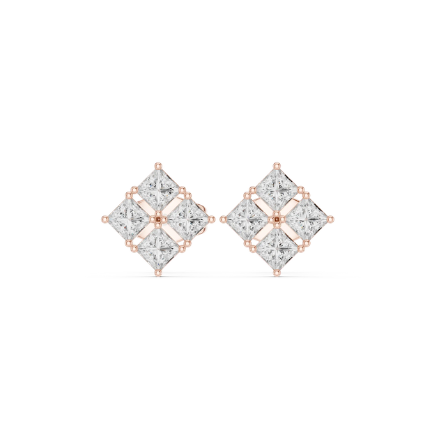Pair Shot: Princess Diamond Earrings with Cluster Setting in 14k Rose Gold - Lab Grown - Driona Jewels