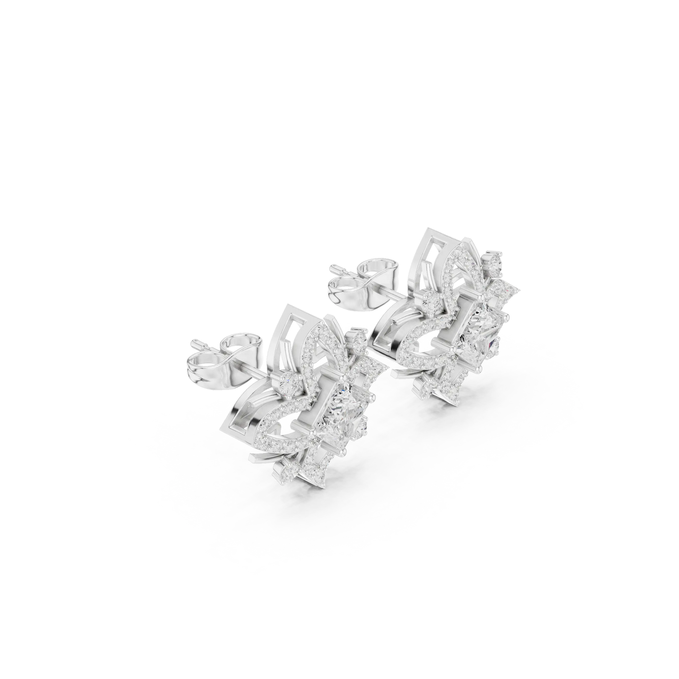 Three-Quarter View: Princess Cut Diamond Earrings with Cluster Setting in 14k White Gold - Lab Grown - Driona Jewels