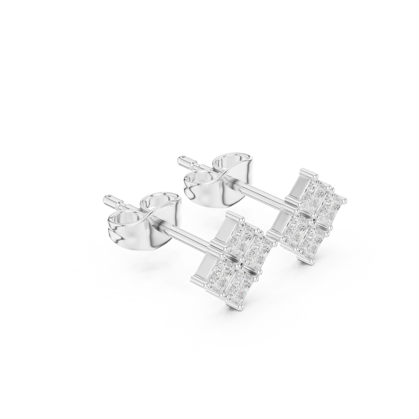 Top View: Princess Cut Diamond Earrings with Cluster Setting in 14k White Gold - Lab Grown - Driona Jewels