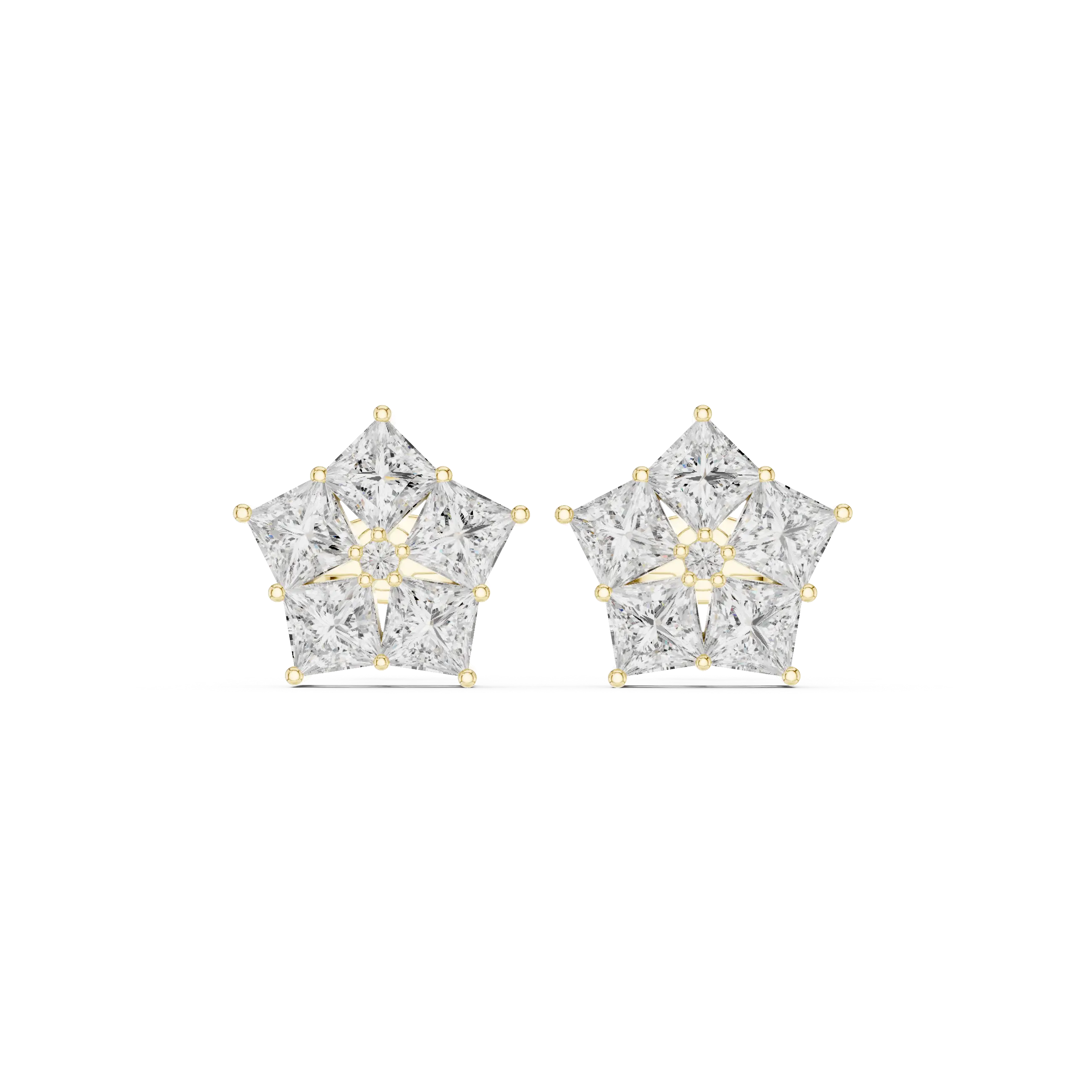 Pair Shot: Princess Diamond Earrings with Cluster Setting in 14k Yellow Gold - Lab Grown - Driona Jewels