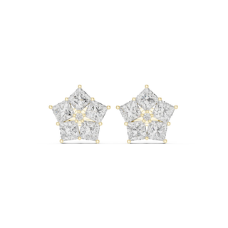Pair Shot: Princess Diamond Earrings with Cluster Setting in 14k Yellow Gold - Lab Grown - Driona Jewels
