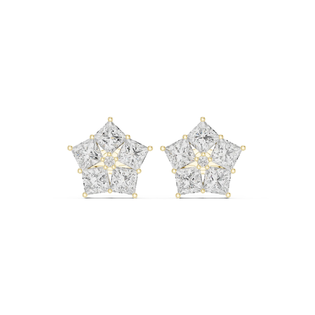 Pair Shot: Princess Diamond Earrings with Cluster Setting in 14k Yellow Gold - Lab Grown - Driona Jewels