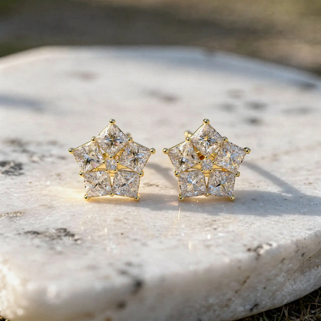 Pair Shot: Princess Cut Diamond Earrings with Cluster Setting in 14k Yellow Gold - Lab Grown - Driona Jewels