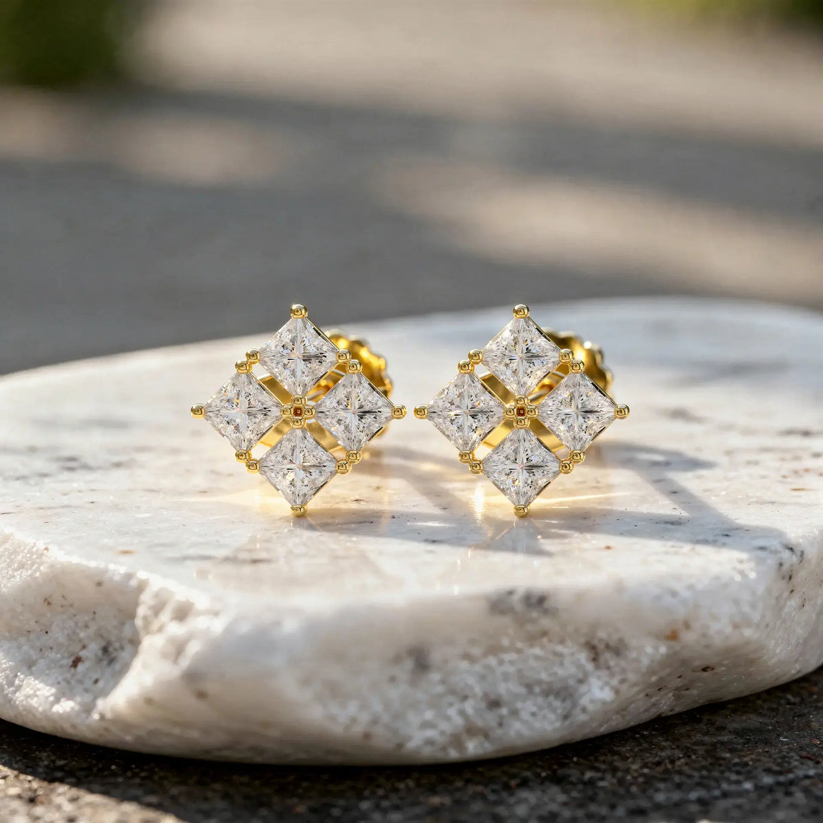 Pair Shot: Princess Diamond Earrings with Cluster Setting in 14k Yellow Gold - Lab Grown - Driona Jewels