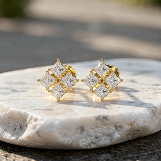 Pair Shot: Princess Diamond Earrings with Cluster Setting in 14k Yellow Gold - Lab Grown - Driona Jewels