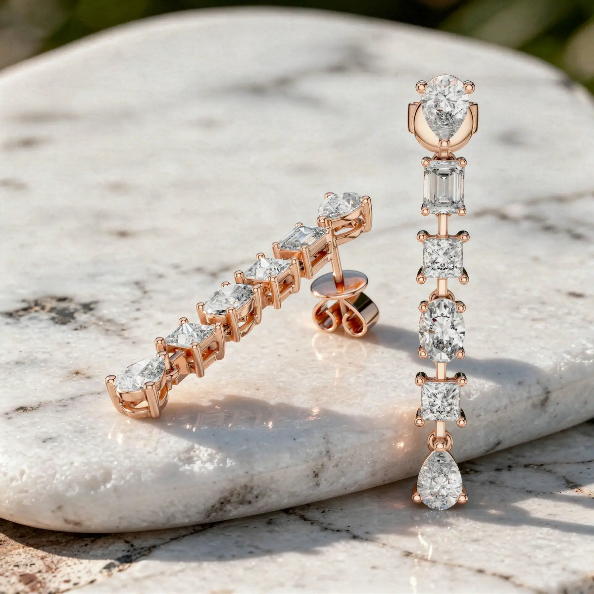 Flat Lay: Princess Diamond Earrings with Drop Setting in 14k Rose Gold - Lab Grown - Driona Jewels