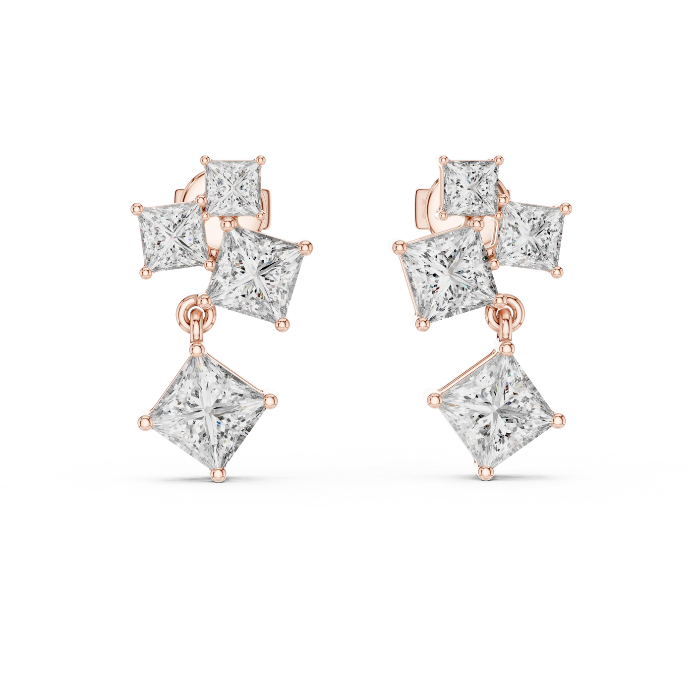 Pair-Shot: Princess Diamond Earrings with Drop Setting in 14k Rose Gold - Lab Grown - Driona Jewels