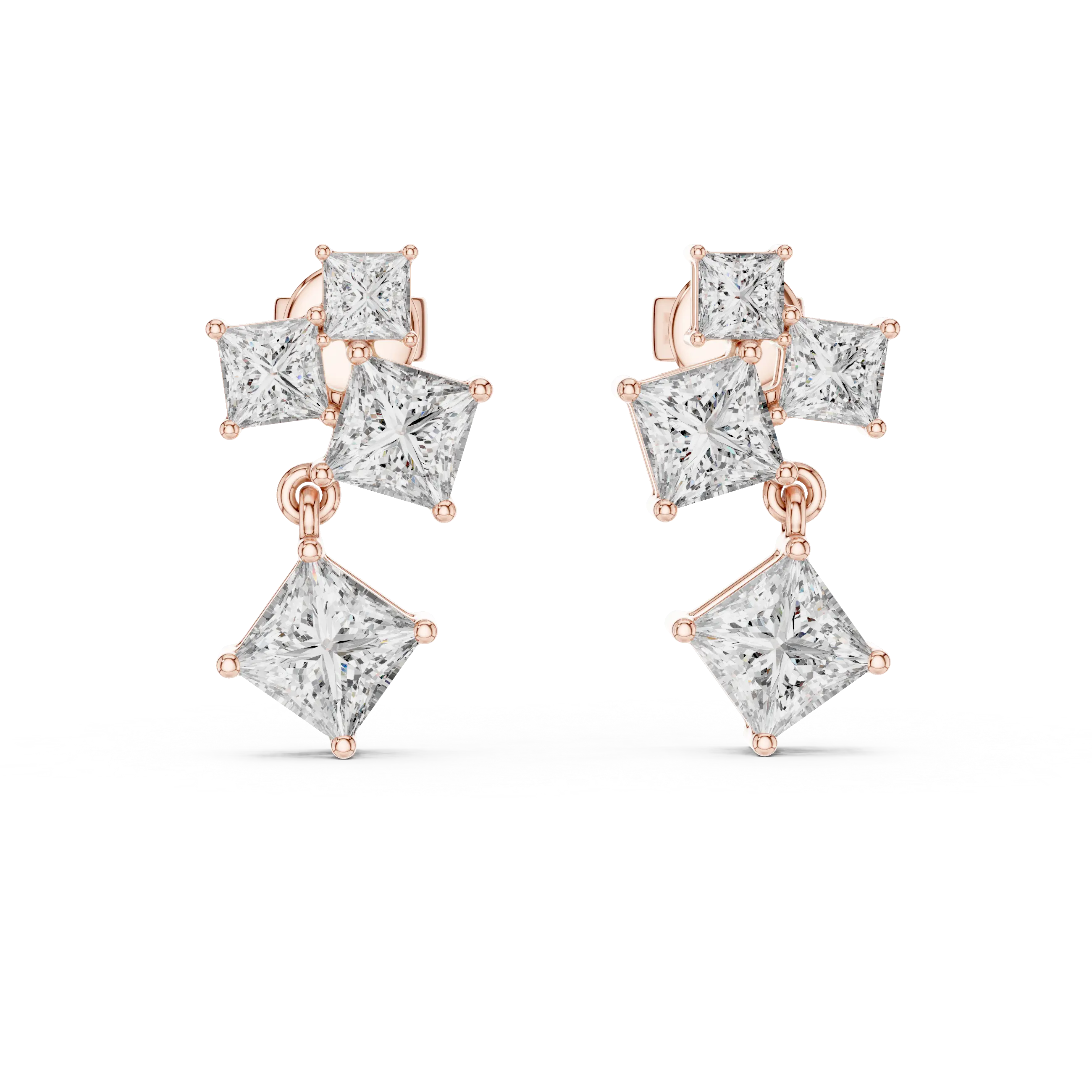 Pair-Shot: Princess Diamond Earrings with Drop Setting in 14k Rose Gold - Lab Grown - Driona Jewels