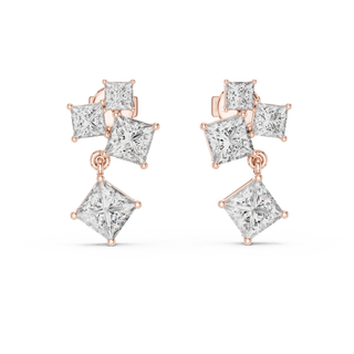 Pair-Shot: Princess Diamond Earrings with Drop Setting in 14k Rose Gold - Lab Grown - Driona Jewels