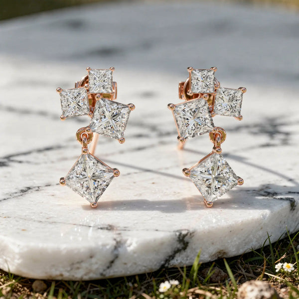 Pair Shot: Princess Diamond Earrings with Drop Setting in 14k Rose Gold - Lab Grown - Driona Jewels