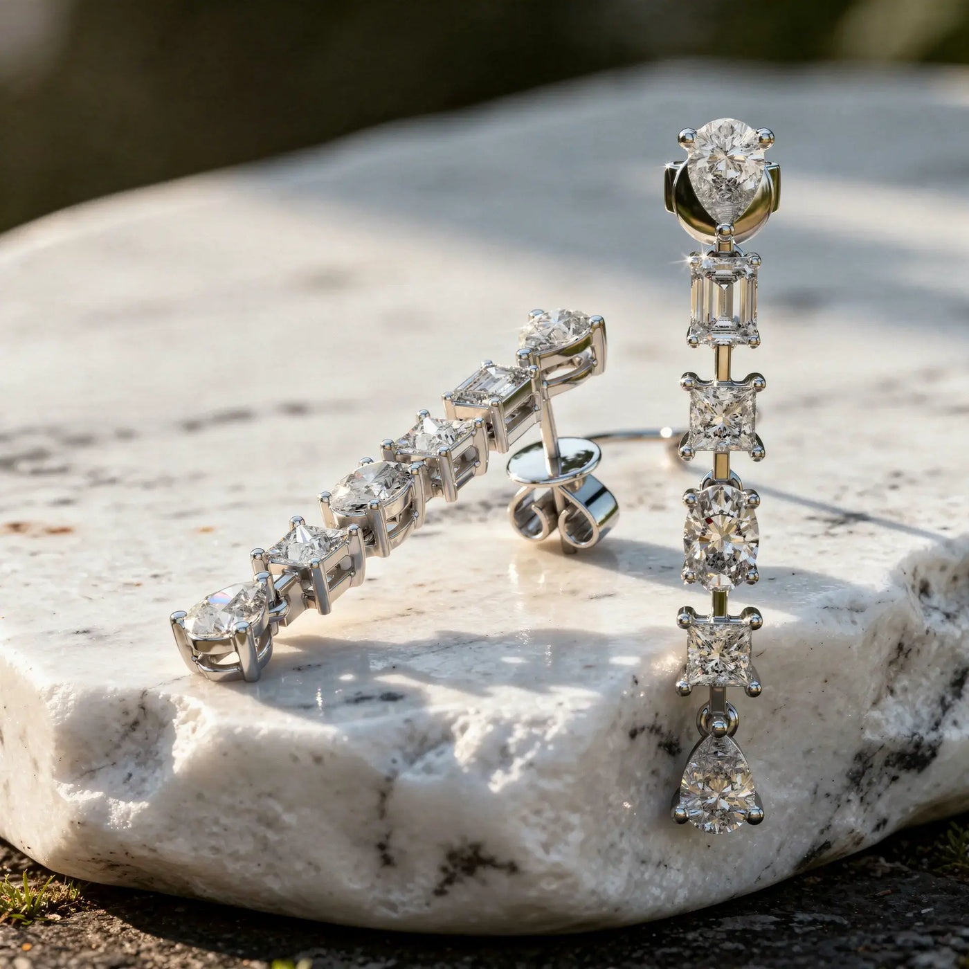 Flat Lay: Princess Diamond Earrings with Drop Setting in 14k White Gold - Lab Grown - Driona Jewels
