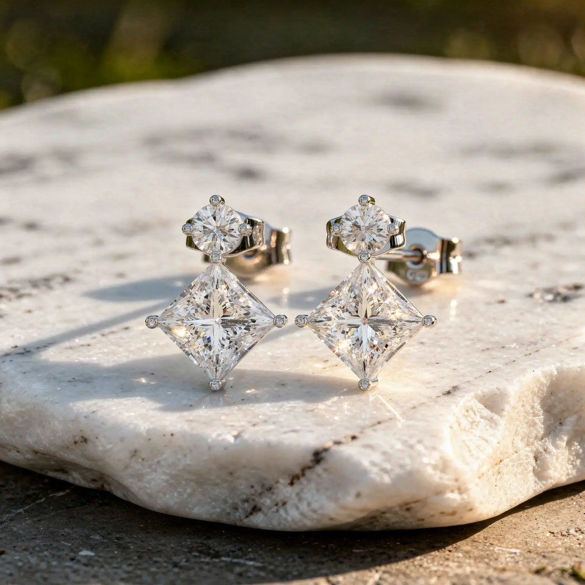 Pair Shot: Princess Diamond Earrings with Drop Setting in 14k White Gold - Lab Grown - Driona Jewels