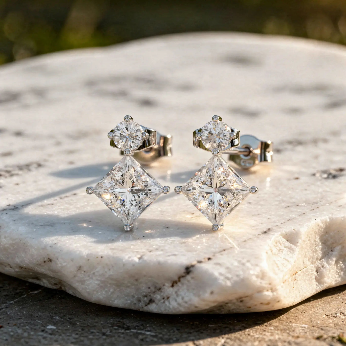 Pair Shot: Princess Diamond Earrings with Drop Setting in 14k White Gold - Lab Grown - Driona Jewels