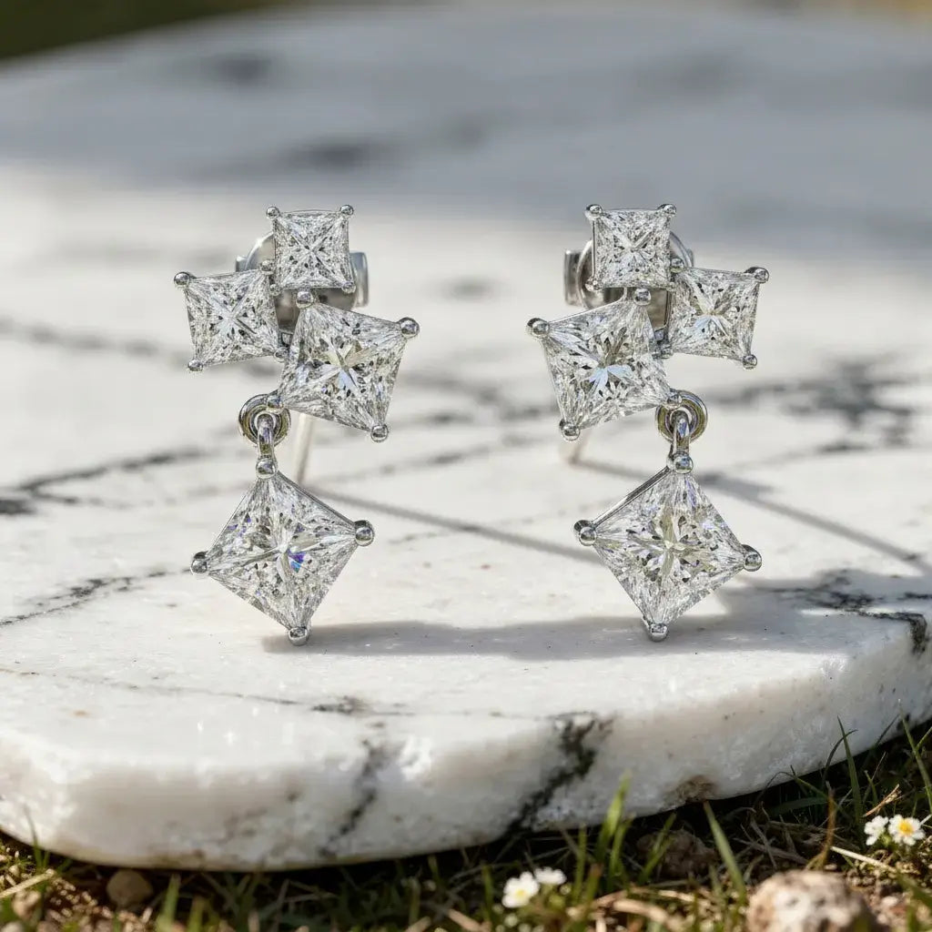 Pair Shot: Princess Diamond Earrings with Drop Setting in 14k White Gold - Lab Grown - Driona Jewels