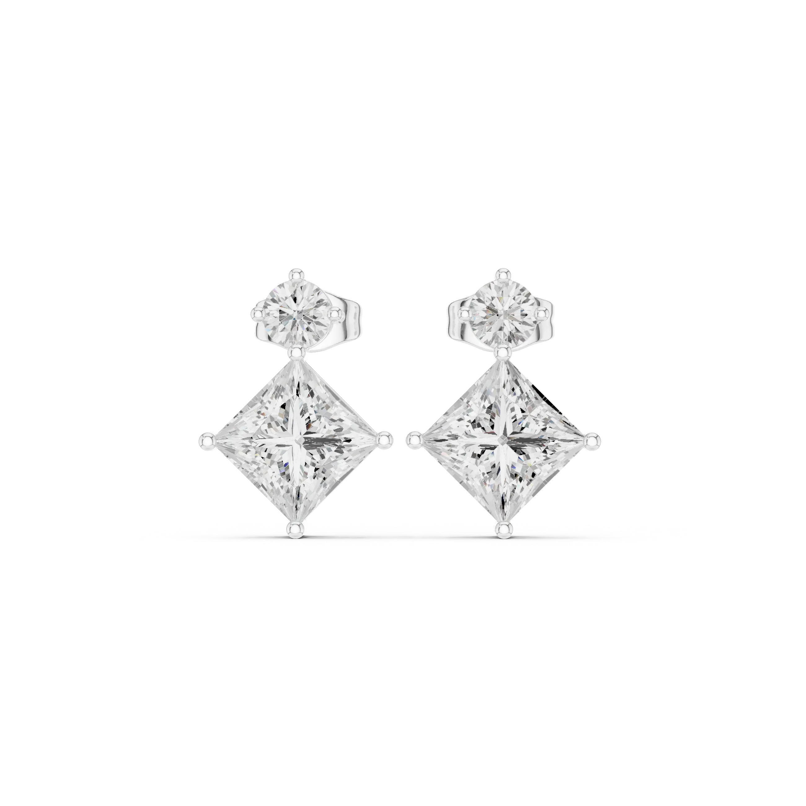 Pair Shot: Princess Diamond Earrings with Drop Setting in 14k White Gold - Lab Grown - Driona Jewels