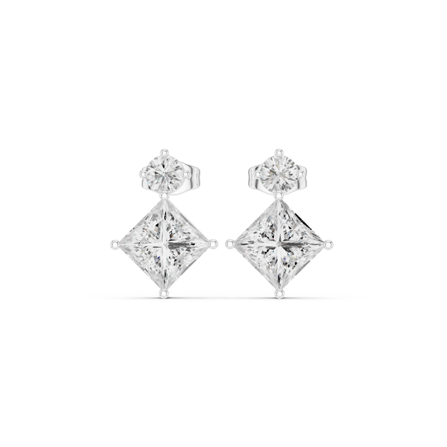 Pair Shot: Princess Diamond Earrings with Drop Setting in 14k White Gold - Lab Grown - Driona Jewels