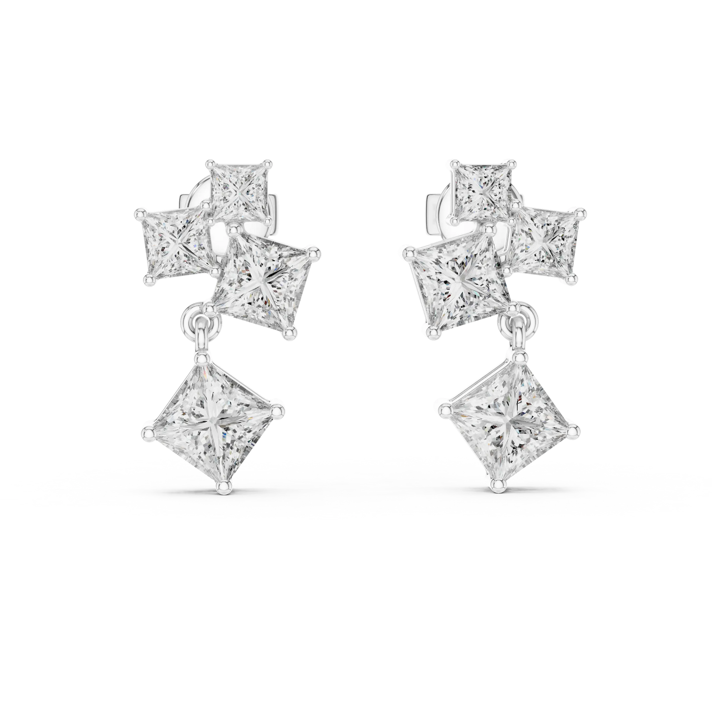 Pair Shot: Princess Diamond Earrings with Drop Setting in 14k White Gold - Lab Grown - Driona Jewels