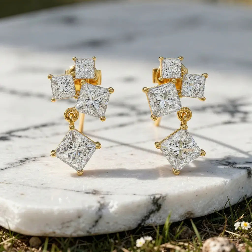Pair Shot: Princess Diamond Earrings with Drop Setting in 14k Yellow Gold - Lab Grown - Driona Jewels