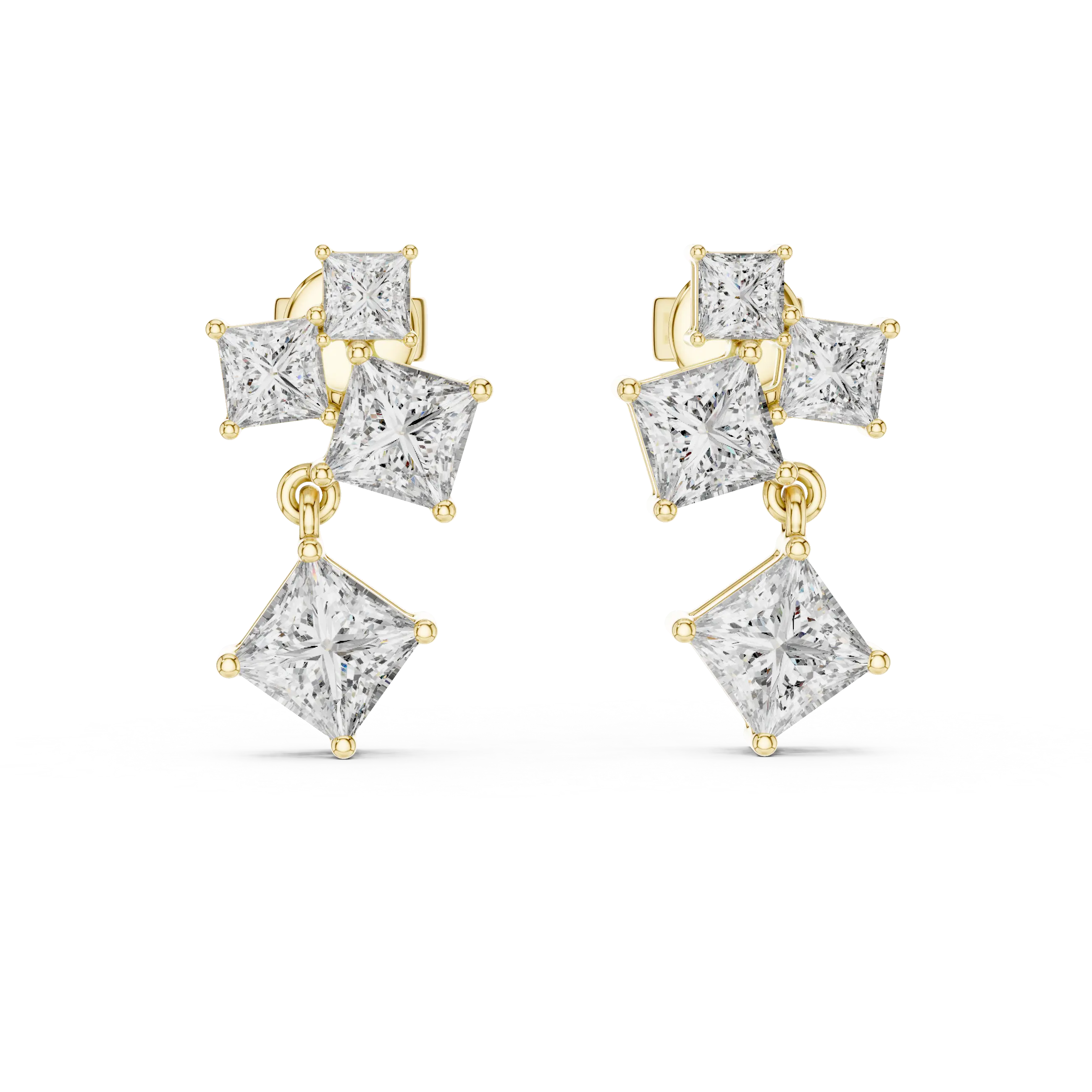 Pair Shot: Princess Diamond Earrings with Drop Setting in 14k Yellow Gold - Lab Grown - Driona Jewels