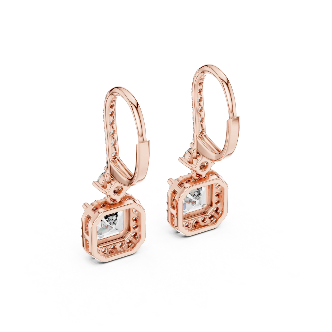 Pair Shot: Princess Cut Diamond Earrings with Halo Setting in 14k Rose Gold - Lab Grown - Driona Jewels