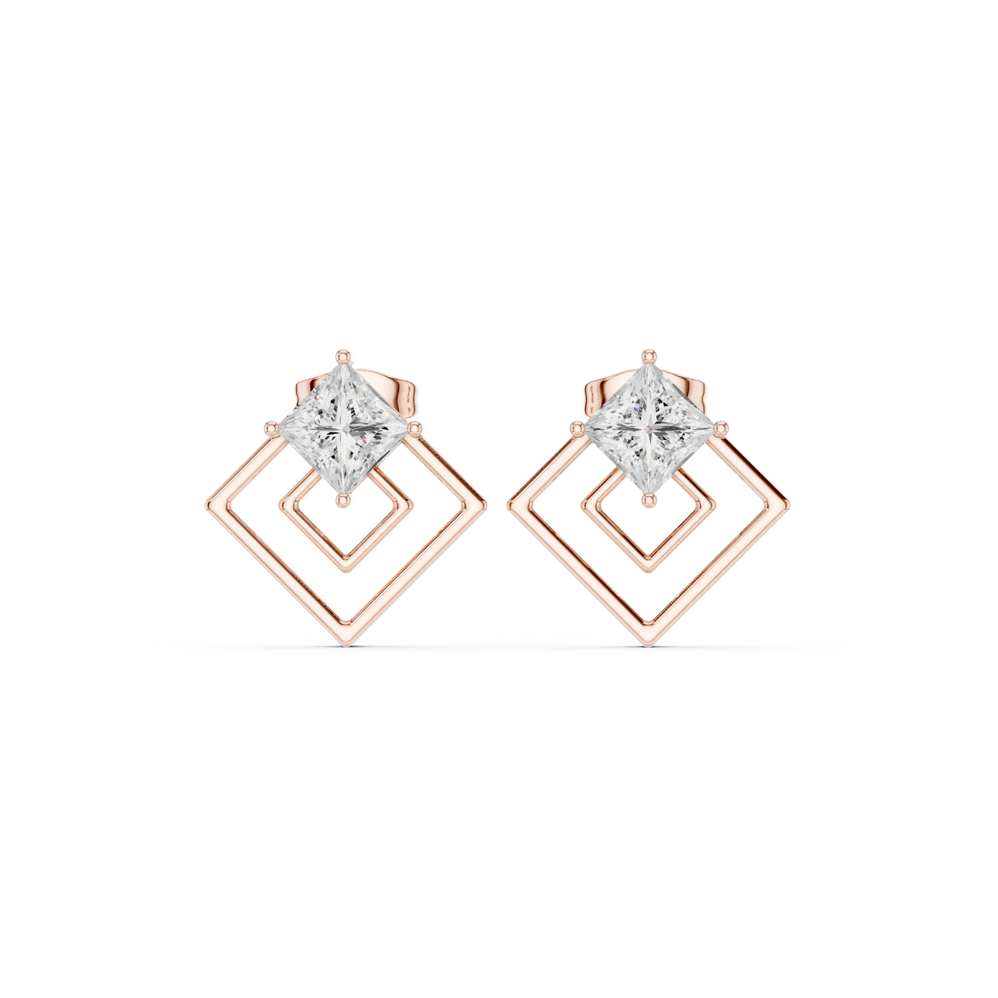 Pair Shot: Princess Diamond Earrings with Halo Setting in 14k Rose Gold - Lab Grown - Driona Jewels