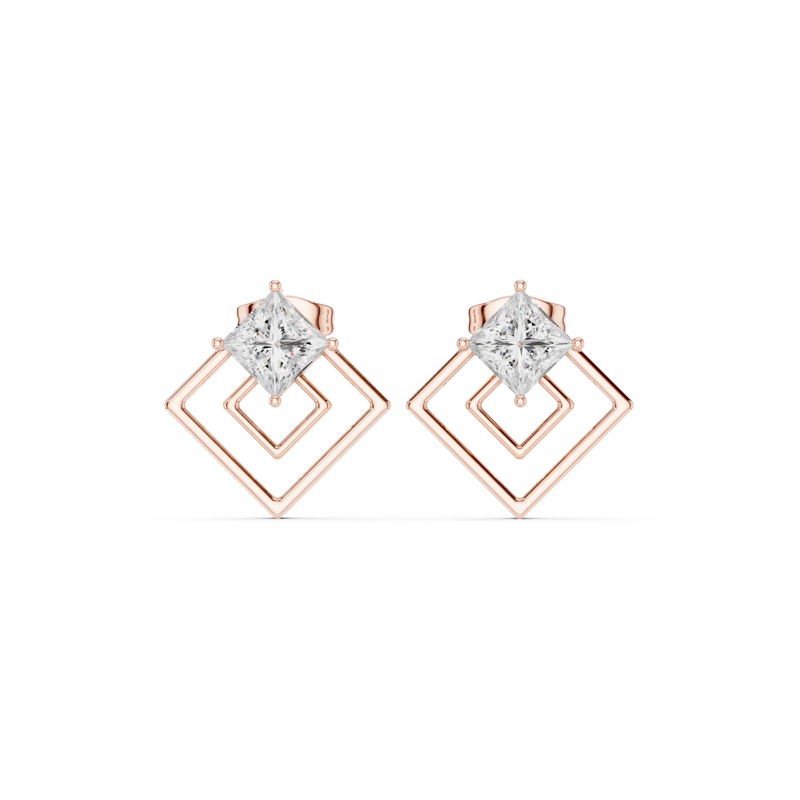 Pair Shot: Princess Diamond Earrings with Halo Setting in 14k Rose Gold - Lab Grown - Driona Jewels