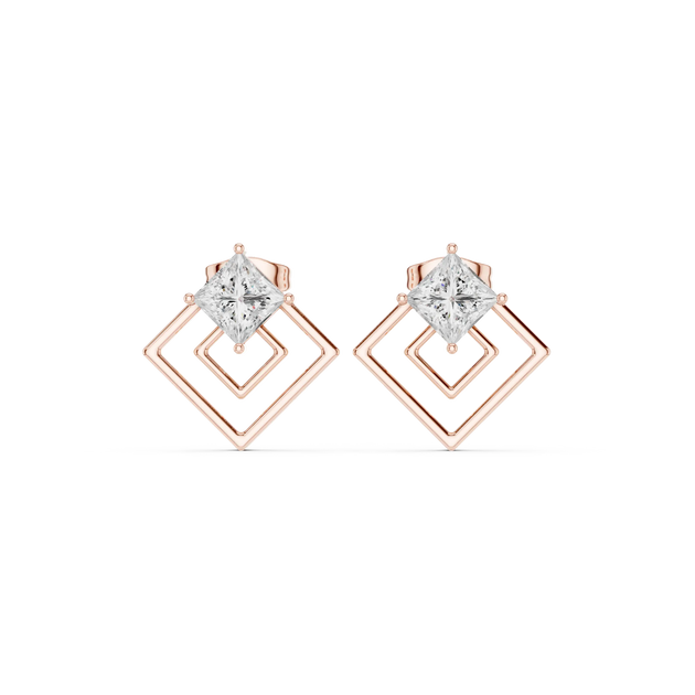Pair Shot: Princess Diamond Earrings with Halo Setting in 14k Rose Gold - Lab Grown - Driona Jewels