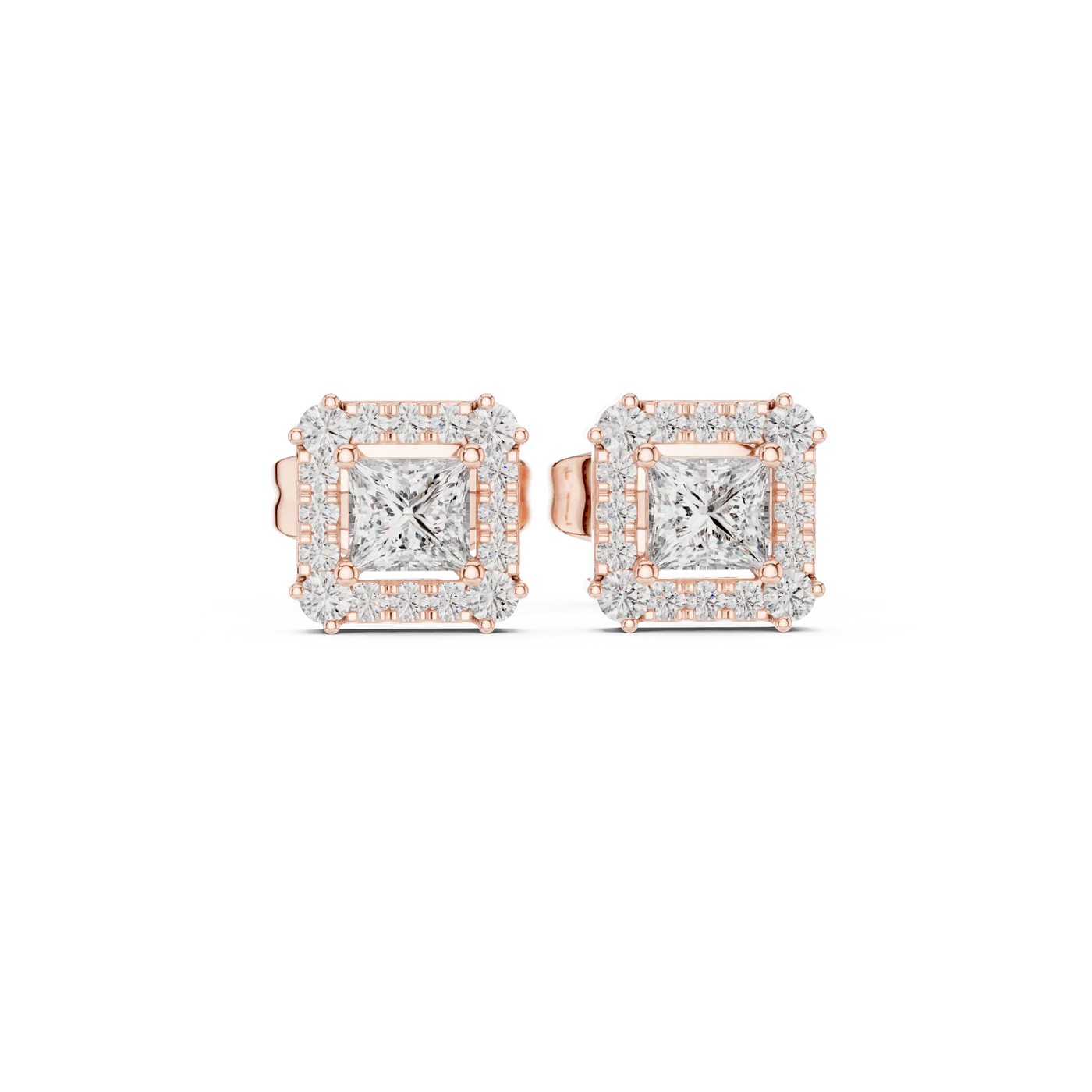 Pair-Shot: Princess Diamond Earrings with Halo Setting in 14k Rose Gold - Lab Grown - Driona Jewels