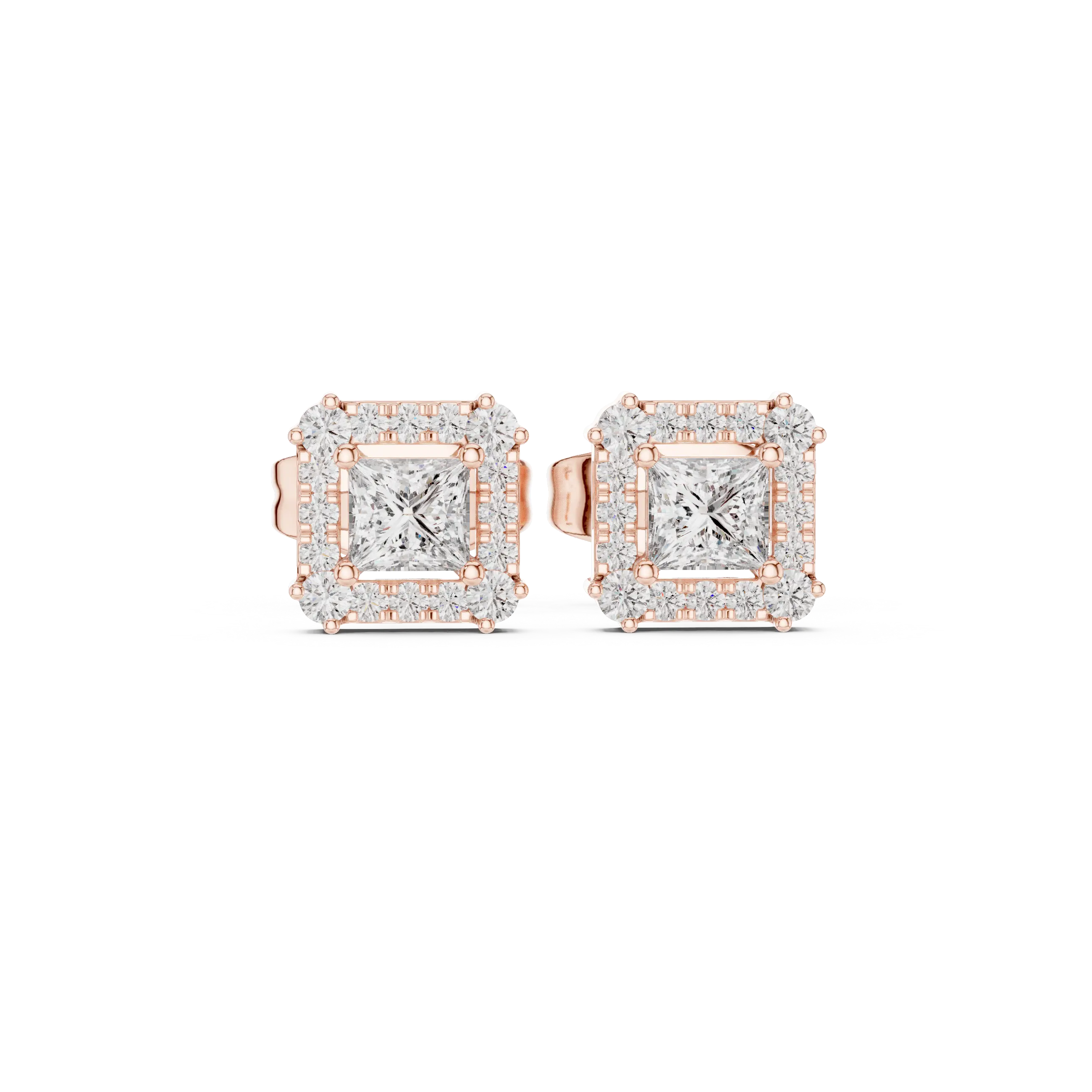 Pair-Shot: Princess Diamond Earrings with Halo Setting in 14k Rose Gold - Lab Grown - Driona Jewels
