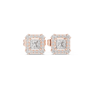 Pair-Shot: Princess Diamond Earrings with Halo Setting in 14k Rose Gold - Lab Grown - Driona Jewels
