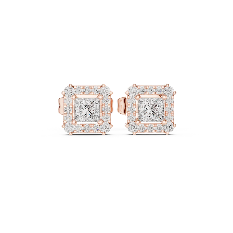Pair-Shot: Princess Diamond Earrings with Halo Setting in 14k Rose Gold - Lab Grown - Driona Jewels