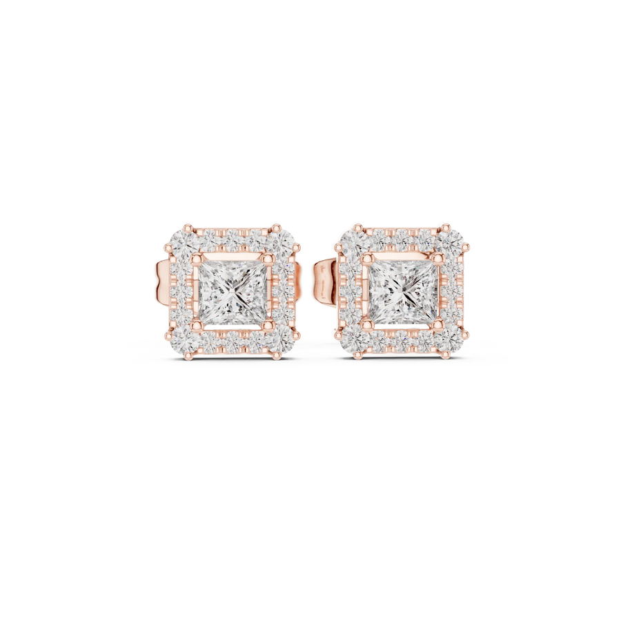 Pair-Shot: Princess Diamond Earrings with Halo Setting in 14k Rose Gold - Lab Grown - Driona Jewels